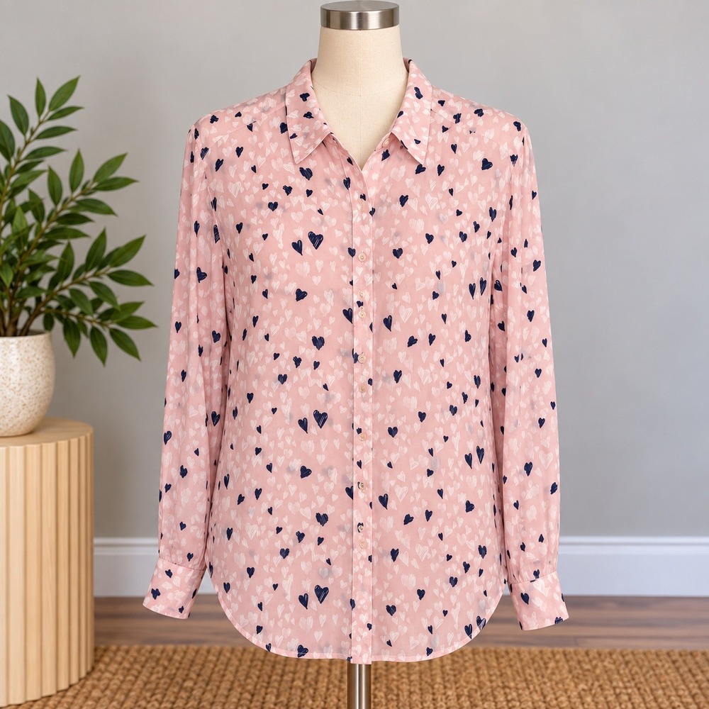Talbots Petites Blouse Pink Heart Print Button Down Shirt LP Valentine's Office